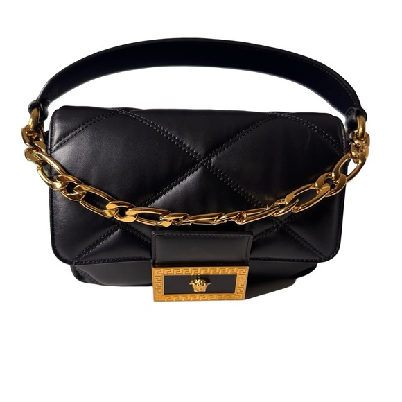 Versace Handbags - Versace La Medusa Black Quilted Calfskin Shoulder Bag - Gold Greca Hardware